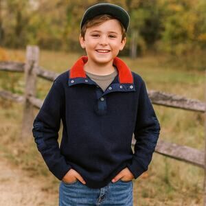 Orvis Boys Large Sweater Navy Red Collar Elbow Patches Outdoors